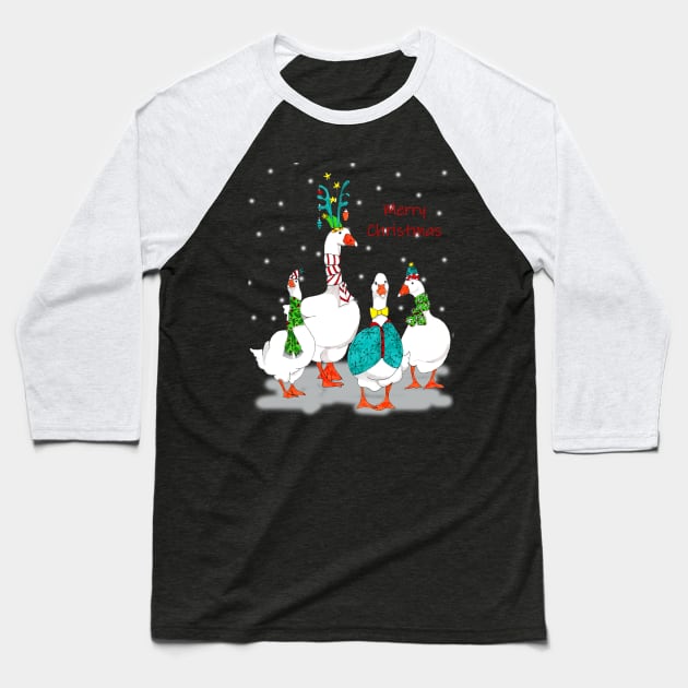 Merry Christmas Geese in pen and watercolors Baseball T-Shirt by kittyvdheuvel